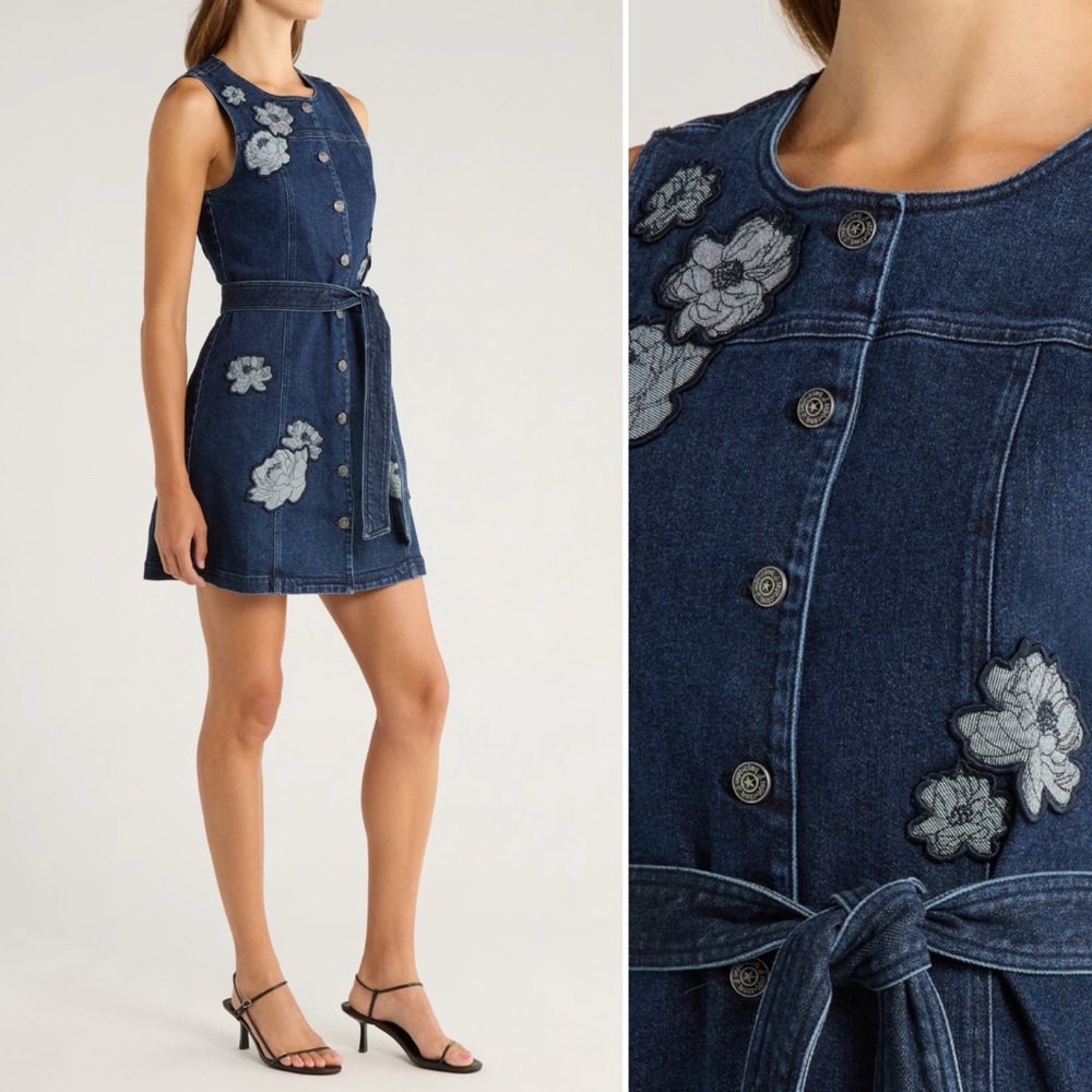 NWT Cing à Sept Marsha Floral Appliqué Tie Waist Denim Dress in Fontaine, size 6 - Picture 2 of 7